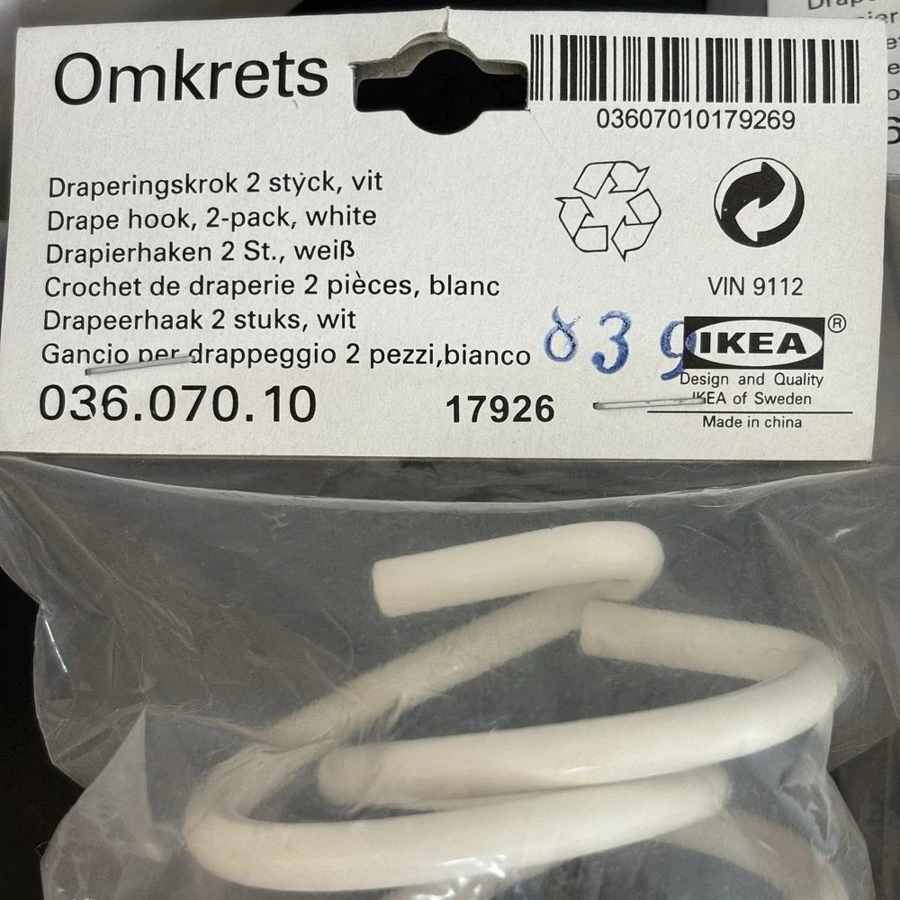 Vintage IKEA Omkrets White Drapery‎ Hooks 2 Sets 4 Total Pieces Classic Cottage